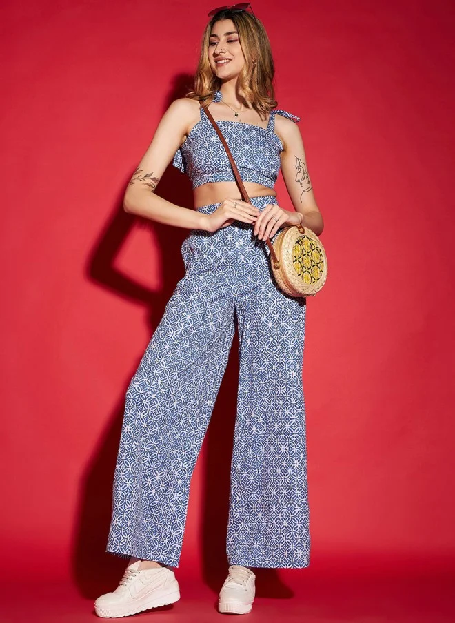 SASSAFRAS Blue Printed Crop Top And Trousers Co-Ords For Women