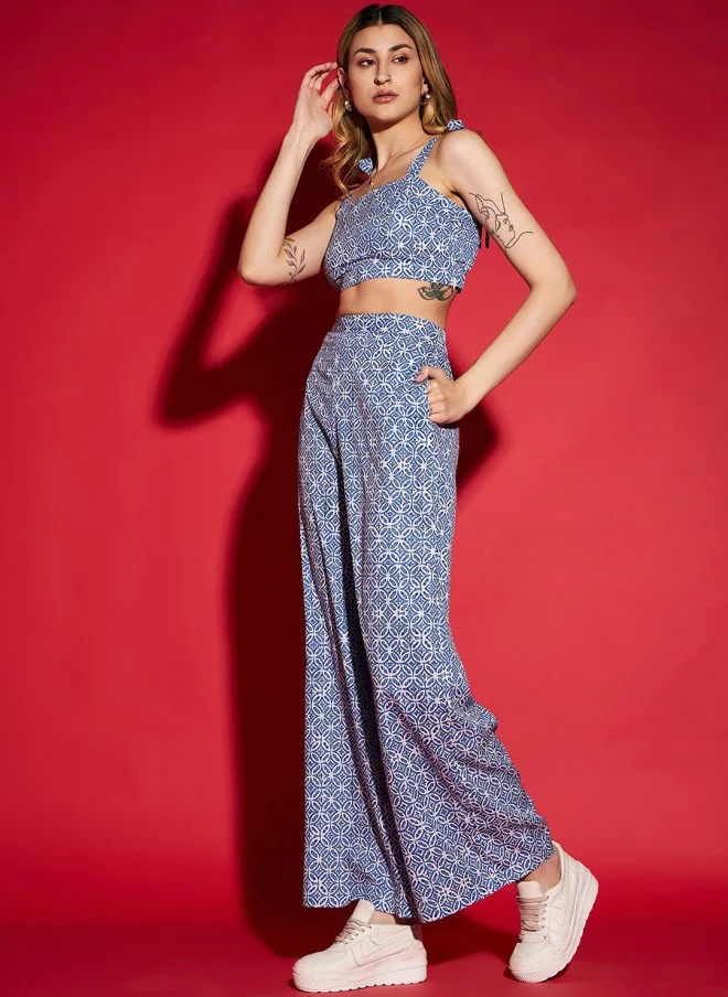 SASSAFRAS Blue Printed Crop Top And Trousers Co-Ords For Women