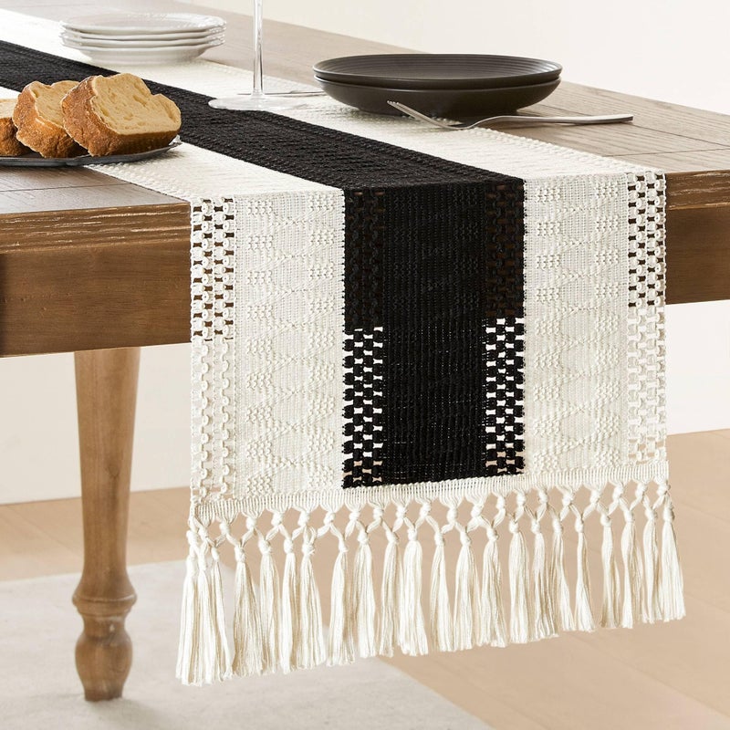 ZeeMart Macrame Style Bicolor Stitching Table Runner 14 x 108 Inch BlackIvory Boho Black Table Runners 108 Inches Long Farmhouse Woven Home Decor