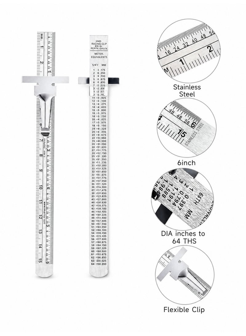 6 Inch 15CM Stainless Steel Pocket Ruler with Removable Clip Imperial and Metric Scale Portable Mini Steel Ruler for Carpentry Design Engineering Office Supplies - Image 2