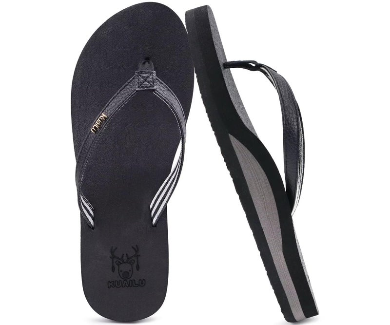 KuaiLu Womens Arch Support Flip Flops Comfortable Yoga Mat Slip on Leather Walking Thong Cushion Sandals Summer Beach Orthotic Slides Travel Essentials Indoor Outdoor Slippers Shoes Black Size 9.5 - Image 1