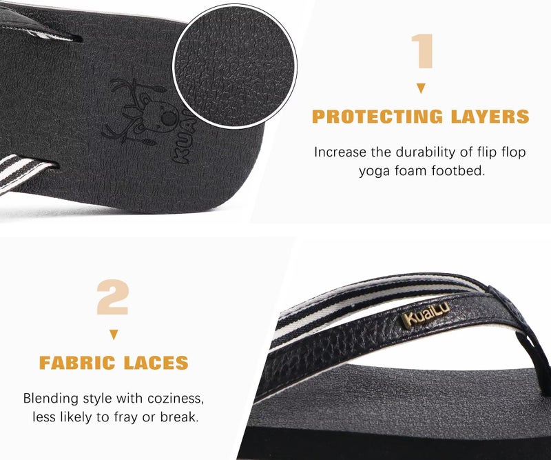KuaiLu Womens Arch Support Flip Flops Comfortable Yoga Mat Slip on Leather Walking Thong Cushion Sandals Summer Beach Orthotic Slides Travel Essentials Indoor Outdoor Slippers Shoes Black Size 9.5 - Image 5