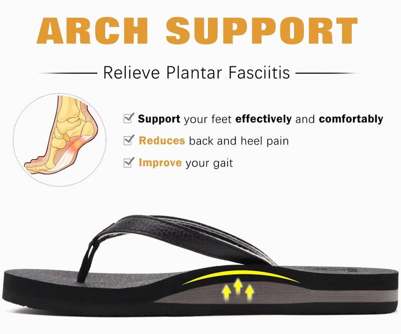KuaiLu Womens Arch Support Flip Flops Comfortable Yoga Mat Slip on Leather Walking Thong Cushion Sandals Summer Beach Orthotic Slides Travel Essentials Indoor Outdoor Slippers Shoes Black Size 9.5 - Image 4