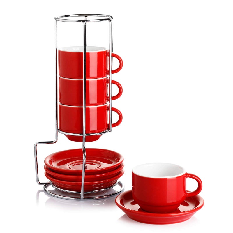 Sweese 4 Ounce Porcelain Stackable Espresso Cups with Saucers and Metal Stand Set of 4 Red