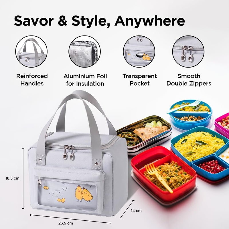 Umai UMAI Insulated Lunch/Tiffin/Storage Bag for Kids, Women & Men | Ideal Tote Bag for Office/School/Outdoor Activities-Lightweight, Durable Handle, Front Pocket for Napkins, Cutlery (Grey)  - Image 2