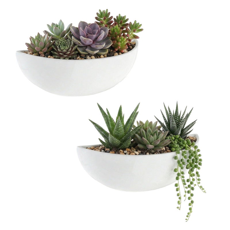MyGift White Ceramic Wall Planters for Indoor Plants Half Bowl Hanging Vase Wall Mounted Succulent Planters Set of 2 - Image 2