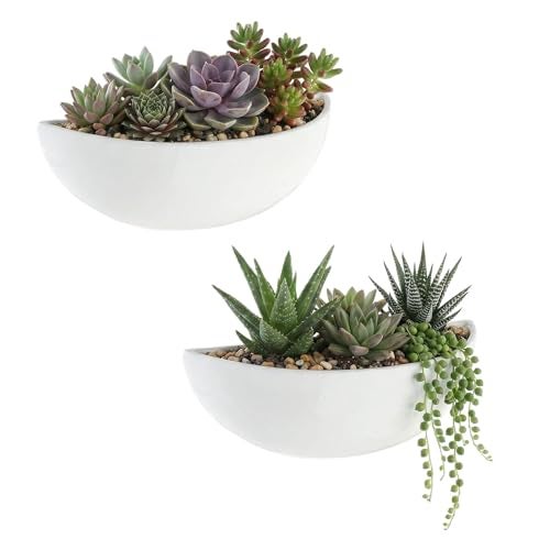 MyGift White Ceramic Wall Planters for Indoor Plants Half Bowl Hanging Vase Wall Mounted Succulent Planters Set of 2 - Image 1