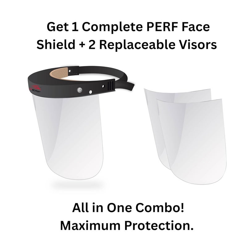 Perf Face Shield | High-Impact Resistant Polycarbonate Visor | Comfortable Adjustable Elastic Band with Replaceable Polycarbonate Visor (One Complete Face Shield + 2 Replaceable Visors) - Image 2