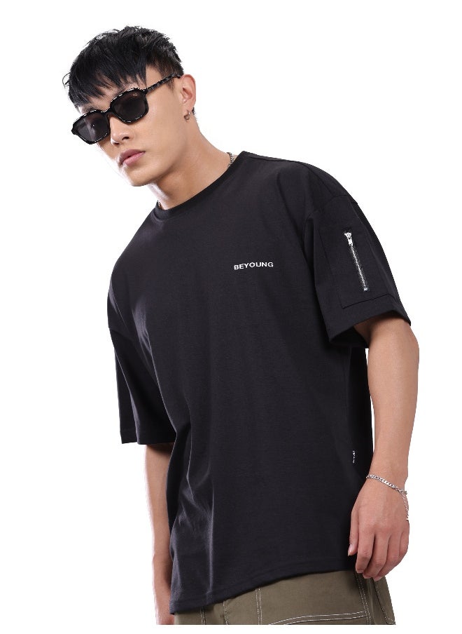 Beyoung Black Zip Sleeved Oversized T-shirt for Men  - Image 3