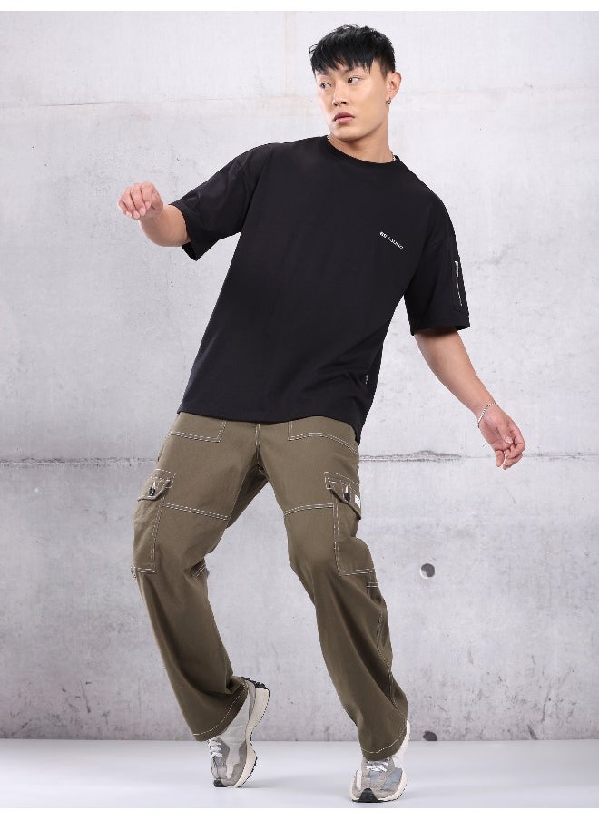 Beyoung Black Zip Sleeved Oversized T-shirt for Men  - Image 5