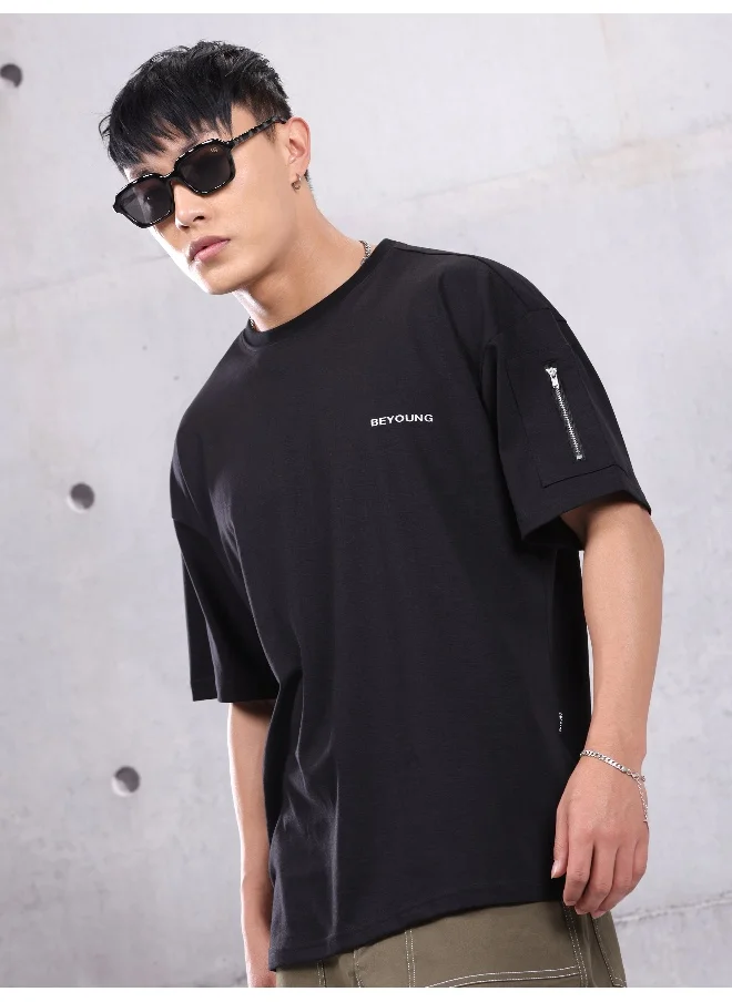 Beyoung Black Zip Sleeved Oversized T-shirt for Men