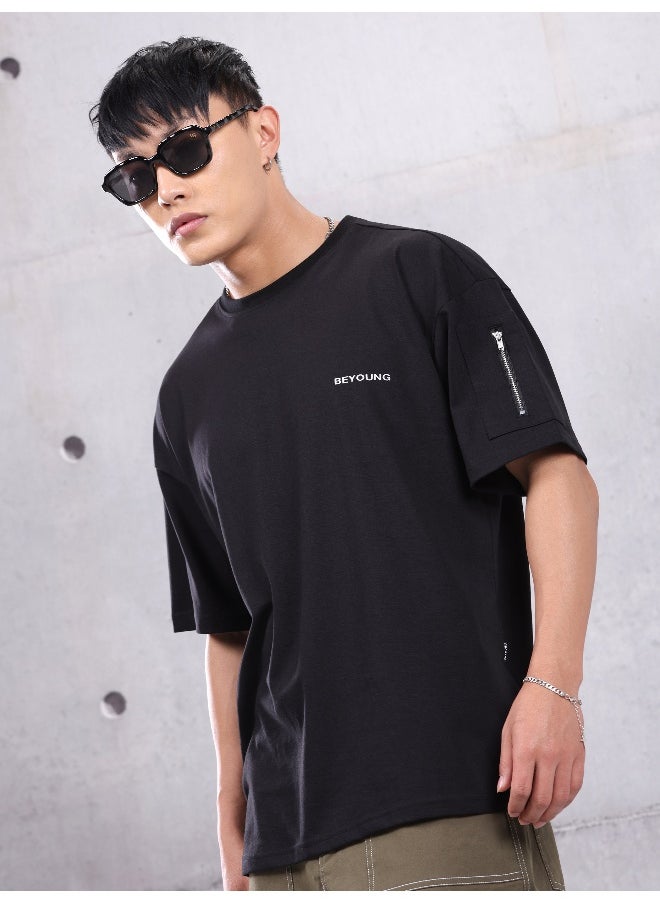 Beyoung Black Zip Sleeved Oversized T-shirt for Men  - Image 1