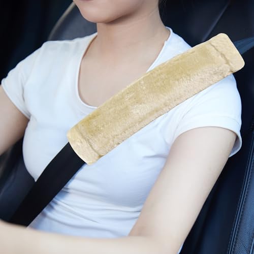 MOONET 2 Packs Car Seatbelt Covers Shoulder Pad for More Comfortable Driving, Universal Seat Belt Cover for Handbag Camera Backpack Straps, Soft Faux Sheepskin Wool Seat Belt Cushion (Beige) - Image 1