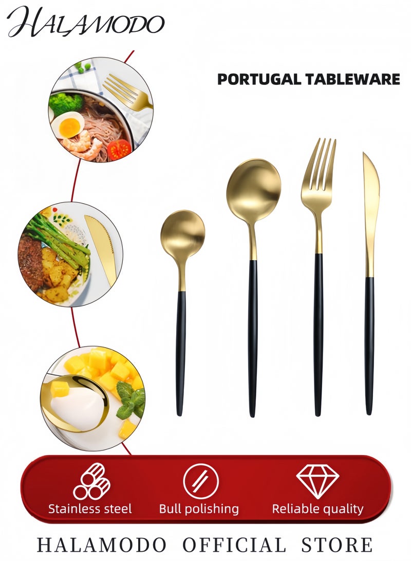 هالامودو طقم أدوات مائدة من الفولاذ المقاوم للصدأ، ٤ قطع أسود/ذهبي - Image 2