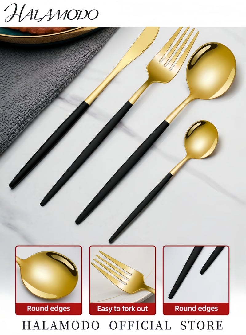 هالامودو طقم أدوات مائدة من الفولاذ المقاوم للصدأ، ٤ قطع أسود/ذهبي - Image 3
