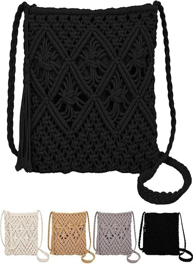 Urooz Women’s Boho Macrame Crossbody Bag - Handwoven Cotton Rope Shoulder Purse with Tassel, Lightweight Summer Handbag (Black) - Image 1