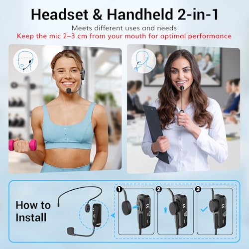 TONOR Wireless Headset Microphone, UHF Microphone Headset System, Head Handheld Mic 2 in 1, Ear Mic with 20 Channels, 65ft Range for Fitness, Teaching, Tour Guide, Voice Amplifier, Speaker, Pa - Image 3
