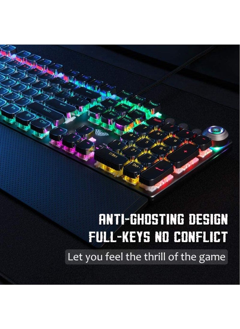 F2088 Mechanical Gaming Keyboard -Brown Switch - Rainbow Backlit, Volume Control Knob, Removable Wrist Rest