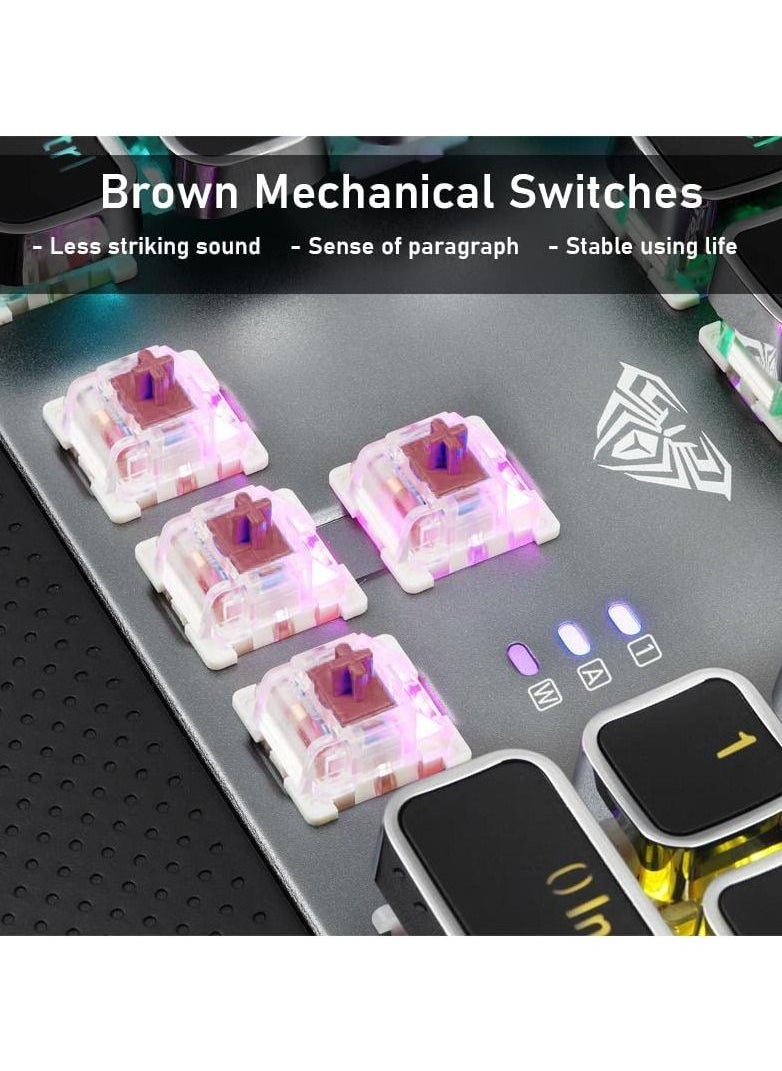 F2088 Mechanical Gaming Keyboard -Brown Switch - Rainbow Backlit, Volume Control Knob, Removable Wrist Rest