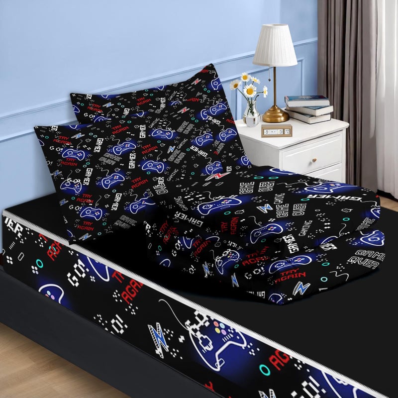 Nesker Zipper Bedding Twin Black Game Zip Up Bedding Set for Boys and Kids, Neon Gaming Gaepad 3 Pcs Comforter Bed in a Bag with Fitted Sheet and 2 Pcs Pillowcases - Image 2