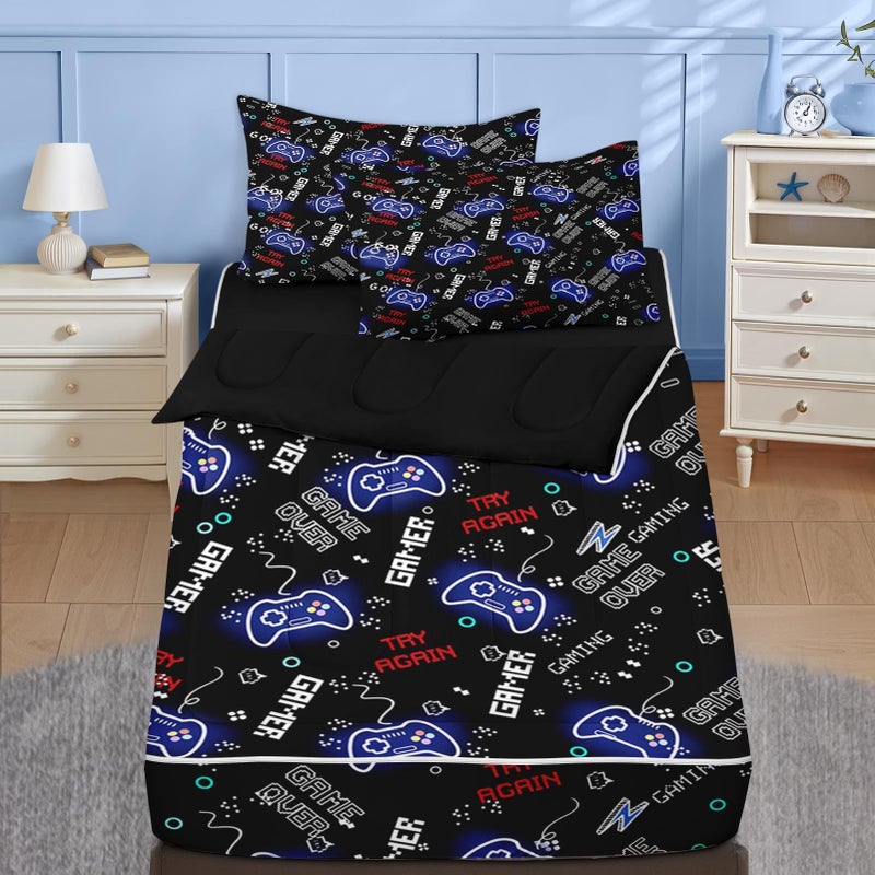 Nesker Zipper Bedding Twin Black Game Zip Up Bedding Set for Boys and Kids, Neon Gaming Gaepad 3 Pcs Comforter Bed in a Bag with Fitted Sheet and 2 Pcs Pillowcases - Image 1