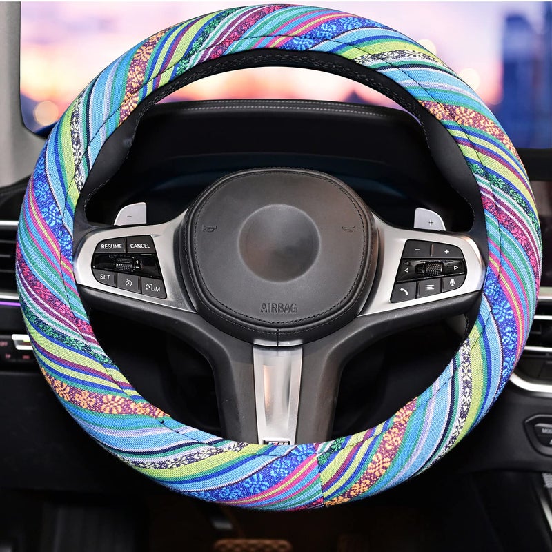 LSAUTO Universal 15inch Ethnic Style Baja Blanket Steering Wheel Cover with Coarse Flax Cloth and Sweat Absorption Anti Slip Car Wrap (Boho Blue) - Image 1
