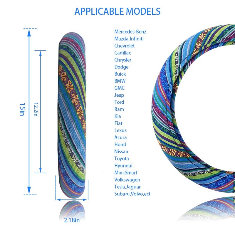 LSAUTO Universal 15inch Ethnic Style Baja Blanket Steering Wheel Cover with Coarse Flax Cloth and Sweat Absorption Anti Slip Car Wrap (Boho Blue) - Image 3
