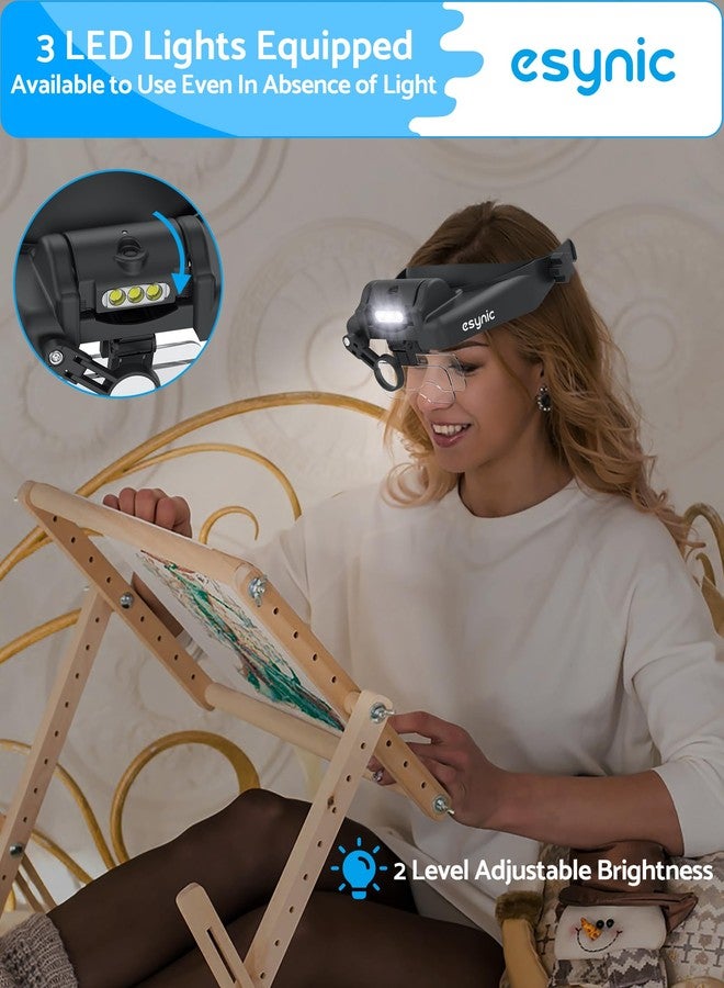 eSynic USB C Rechargeable Head Magnifier Wear Comfortably Magnifying Headset with A Carrying Case-1 to 14X Magnification 5 Acrylic Lenses 3 LED Lights Headband Magnifying Glass for Reading Crafts - Image 5
