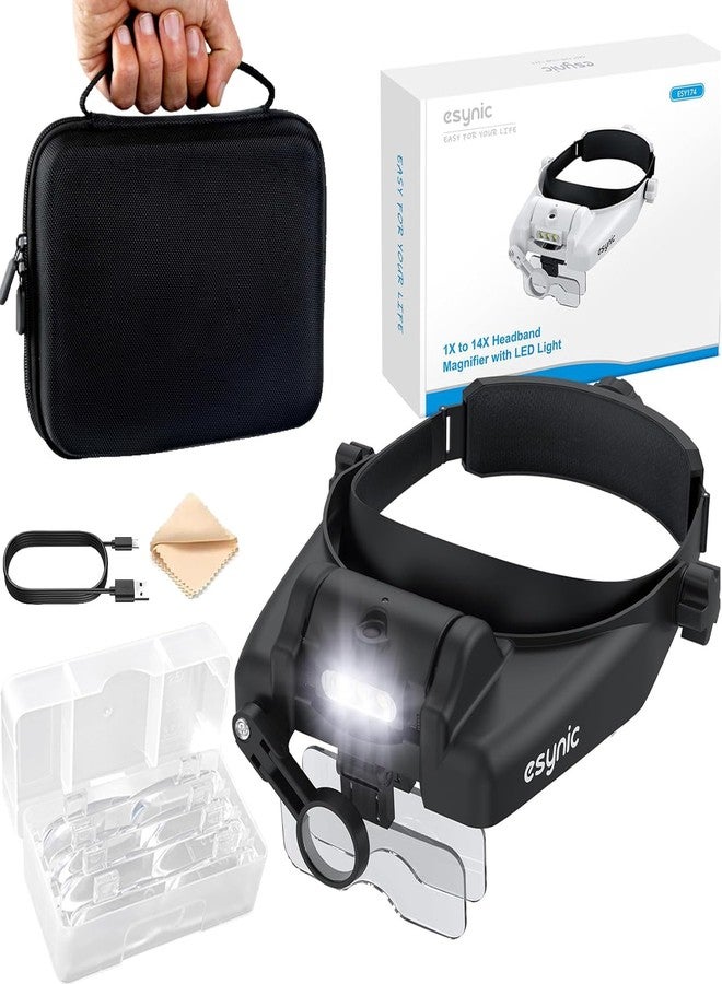 eSynic USB C Rechargeable Head Magnifier Wear Comfortably Magnifying Headset with A Carrying Case-1 to 14X Magnification 5 Acrylic Lenses 3 LED Lights Headband Magnifying Glass for Reading Crafts - Image 1