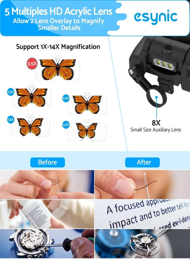 eSynic USB C Rechargeable Head Magnifier Wear Comfortably Magnifying Headset with A Carrying Case-1 to 14X Magnification 5 Acrylic Lenses 3 LED Lights Headband Magnifying Glass for Reading Crafts - Image 3