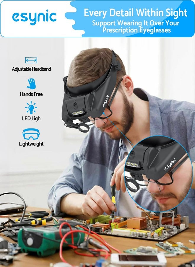 eSynic USB C Rechargeable Head Magnifier Wear Comfortably Magnifying Headset with A Carrying Case-1 to 14X Magnification 5 Acrylic Lenses 3 LED Lights Headband Magnifying Glass for Reading Crafts - Image 2