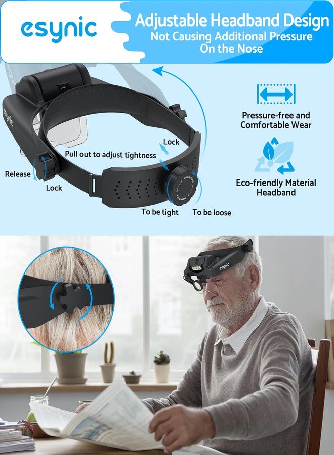 eSynic USB C Rechargeable Head Magnifier Wear Comfortably Magnifying Headset with A Carrying Case-1 to 14X Magnification 5 Acrylic Lenses 3 LED Lights Headband Magnifying Glass for Reading Crafts - Image 4