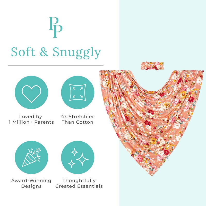 Posh Peanut Swaddle Blanket & Headband Set â€“ Viscose from Bamboo Stretchy Baby Swaddle for Newborn Girls, Receiving Blanket or Nursing Cover - Image 3