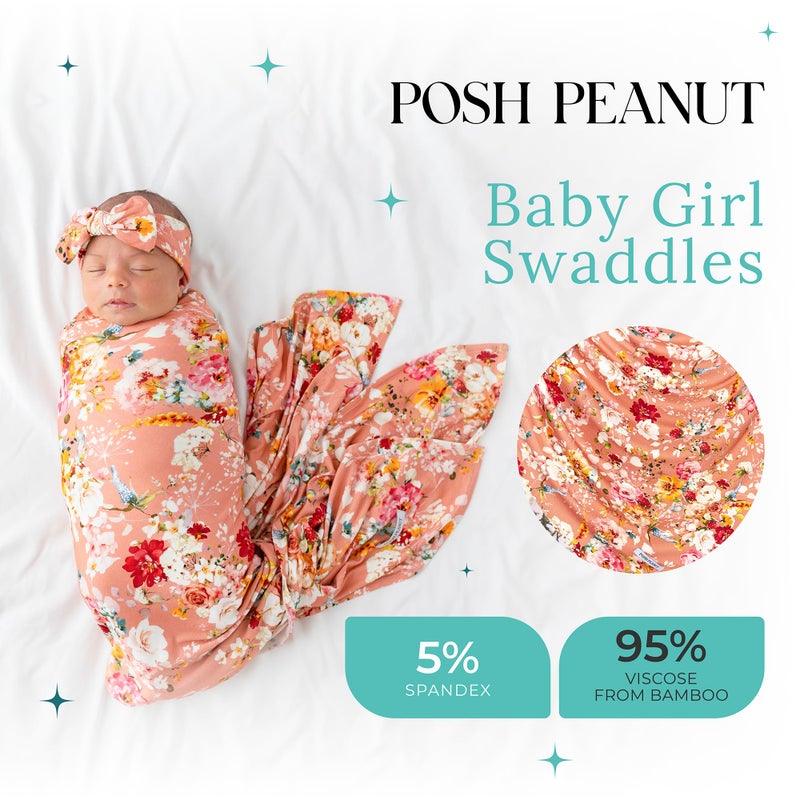 Posh Peanut Swaddle Blanket & Headband Set â€“ Viscose from Bamboo Stretchy Baby Swaddle for Newborn Girls, Receiving Blanket or Nursing Cover - Image 2