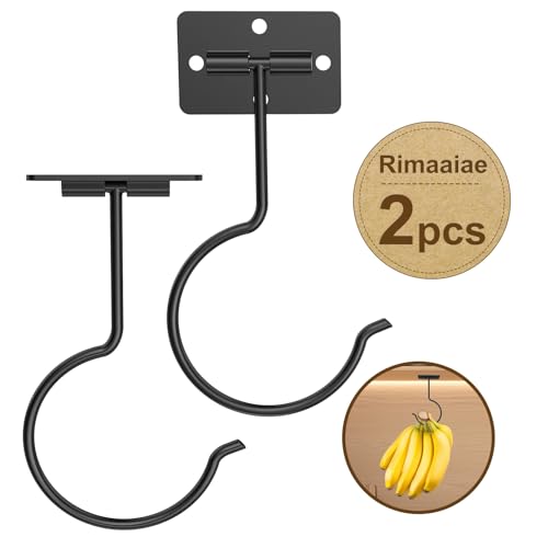 Rimaaiae 2 Packs Under Cabinet Banana Hooks, Foldable Magnetic Banana Holder with Strong Self-Adhesive & Screws for Extra Stability, Metal Banana Stand for Kitchen Counter – Black - Image 1