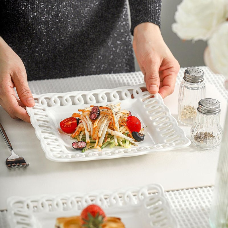 fMBB Square Appetizer Plate Set of 4 8 inch Ceramic White Dinner Plates with Lace Rim Small for Cake Snacks Dessert Steak Bread Butter Canape Luncheon Side Dish at Home Hotel and Restaruant Stackable - Image 3