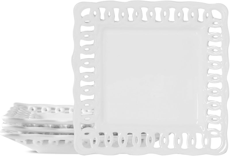 fMBB Square Appetizer Plate Set of 4 8 inch Ceramic White Dinner Plates with Lace Rim Small for Cake Snacks Dessert Steak Bread Butter Canape Luncheon Side Dish at Home Hotel and Restaruant Stackable - Image 1