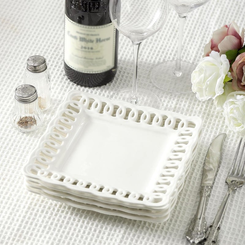 fMBB Square Appetizer Plate Set of 4 8 inch Ceramic White Dinner Plates with Lace Rim Small for Cake Snacks Dessert Steak Bread Butter Canape Luncheon Side Dish at Home Hotel and Restaruant Stackable - Image 2