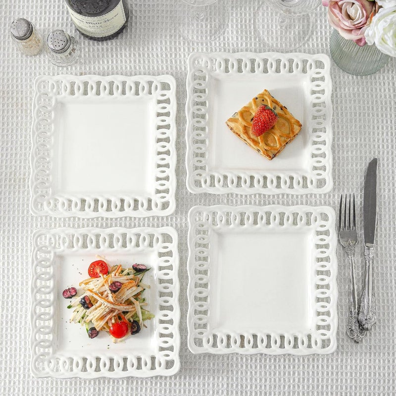 fMBB Square Appetizer Plate Set of 4 8 inch Ceramic White Dinner Plates with Lace Rim Small for Cake Snacks Dessert Steak Bread Butter Canape Luncheon Side Dish at Home Hotel and Restaruant Stackable - Image 5
