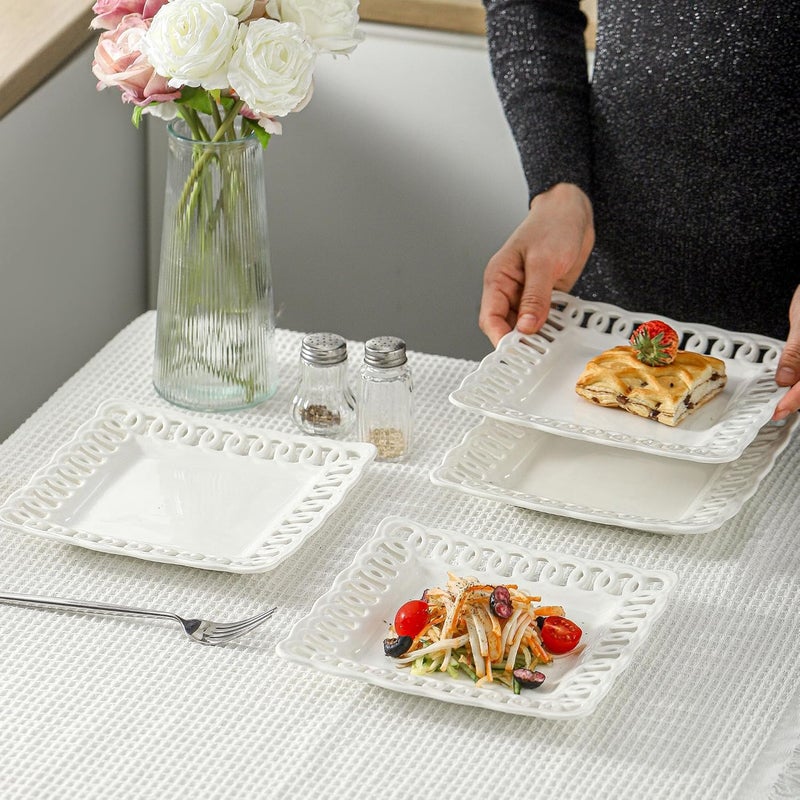 fMBB Square Appetizer Plate Set of 4 8 inch Ceramic White Dinner Plates with Lace Rim Small for Cake Snacks Dessert Steak Bread Butter Canape Luncheon Side Dish at Home Hotel and Restaruant Stackable - Image 4