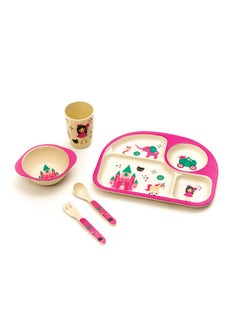 EZ Life EZ Life 5 Piece Kids Meal Set - Cute Kingdom - Eco Friendly Bamboo Fibre-Plate-Bowl-Spoon-Fork and Cup-Pink and White Crockery Dinner Set, Dinnerware, Home Kitchen, Kids Dinner Plate, Serveware  - Image 5