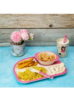 EZ Life EZ Life 5 Piece Kids Meal Set - Cute Kingdom - Eco Friendly Bamboo Fibre-Plate-Bowl-Spoon-Fork and Cup-Pink and White Crockery Dinner Set, Dinnerware, Home Kitchen, Kids Dinner Plate, Serveware  - Image 2