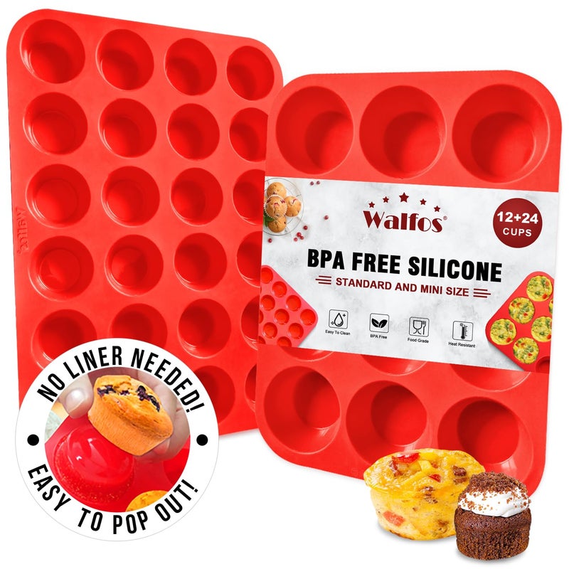 Walfos Silicone Muffin Pan Set  Regular 12 Cups Silicone Muffin Pan and Mini 24 Cups Cupcake Pan  BPA Free and Dishwasher Safe Great for Making Muffin Cakes Tart Bread
