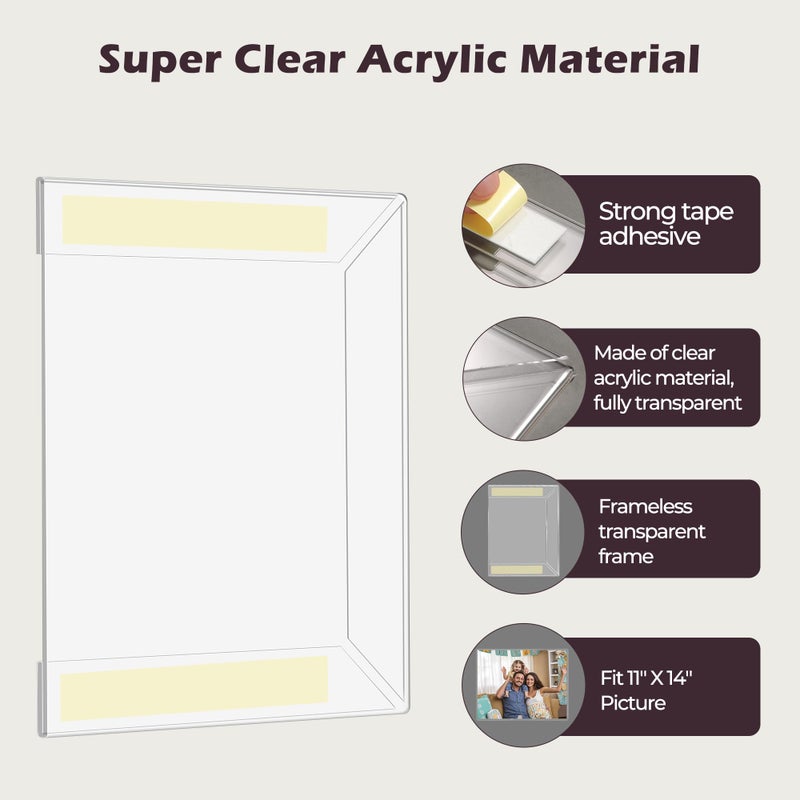 Wbtran 11x14 Acrylic Picture Frame  Clear Frameless Photo Frame for Wall Mount  No Drilling Picture Frames with Tape  Pack of 5 Floating Hanging Picture Frames for Home  School  Office - Image 3