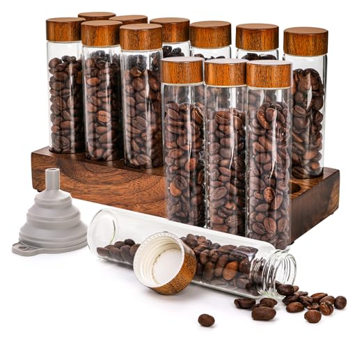 Goaste 12 Pack Coffee Bean Storage Tubes with Wooden Stand, Single Dose Coffee Bean Cellar Container, Dosing Glass Vials with Lids and Funnel for Coffee Beans Storage, Tea (2 OZ) - Image 1