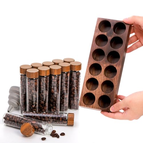 Goaste 12 Pack Coffee Bean Storage Tubes with Wooden Stand, Single Dose Coffee Bean Cellar Container, Dosing Glass Vials with Lids and Funnel for Coffee Beans Storage, Tea (2 OZ) - Image 4
