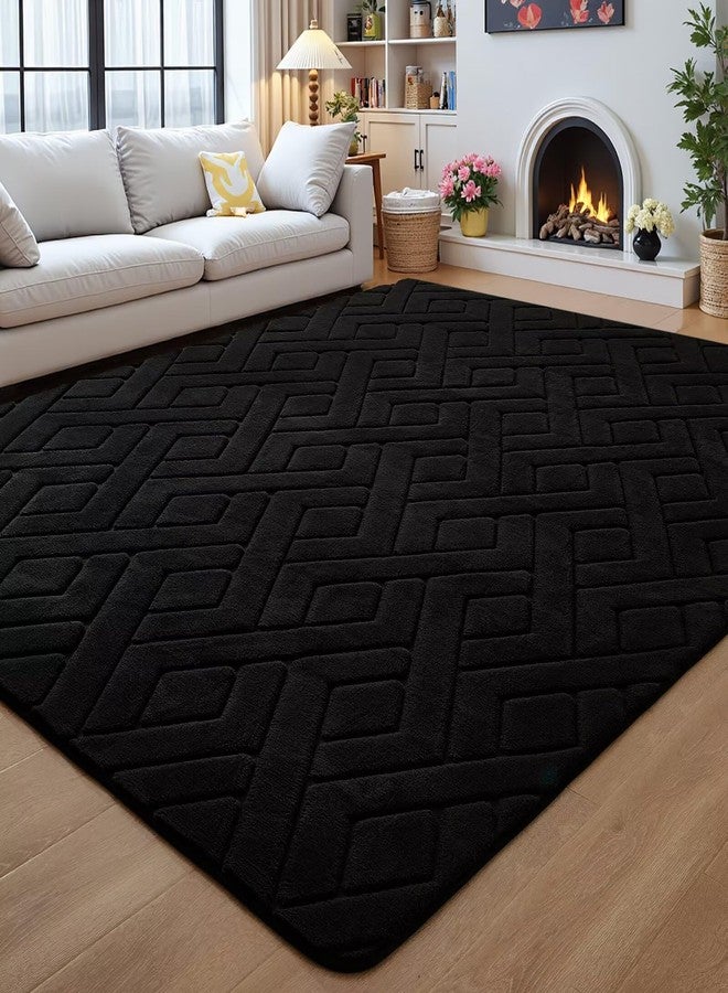 Flagover 5x7 Black Washable Area Rug for Bedroom Living Room, Modern Geometric Shag Non-Slip Rugs, Fluffy Plush Soft Memory Foam Carpet for Kids Boys Room Nursery - Image 1