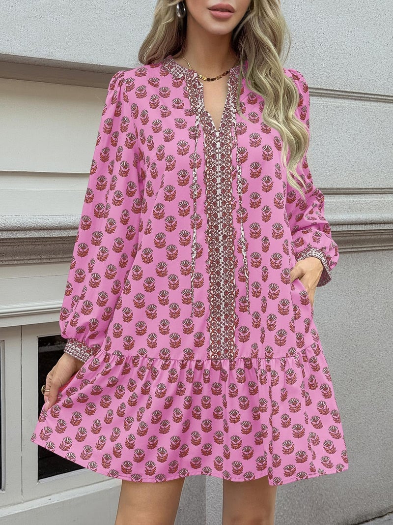 Wenrine Womens Long Sleeve Casual Mini Dress Floral V Neck Ruffle Loose Fall Boho Babydoll Dresses with Pockets Pink - Image 3