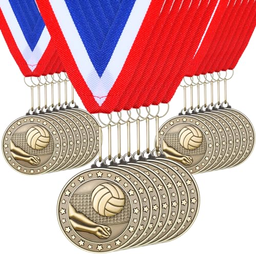 Remuuly 30 Pcs Gold Medals Bulk 2'' Basketball Soccer Baseball Volleyball Football Lacrosse Kickball Cheer Bowling Trophy Medals for Awards for Sports Participation Winner Gift(Gold,Volleyball) - Image 1