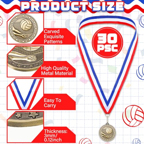 Remuuly 30 Pcs Gold Medals Bulk 2'' Basketball Soccer Baseball Volleyball Football Lacrosse Kickball Cheer Bowling Trophy Medals for Awards for Sports Participation Winner Gift(Gold,Volleyball) - Image 3